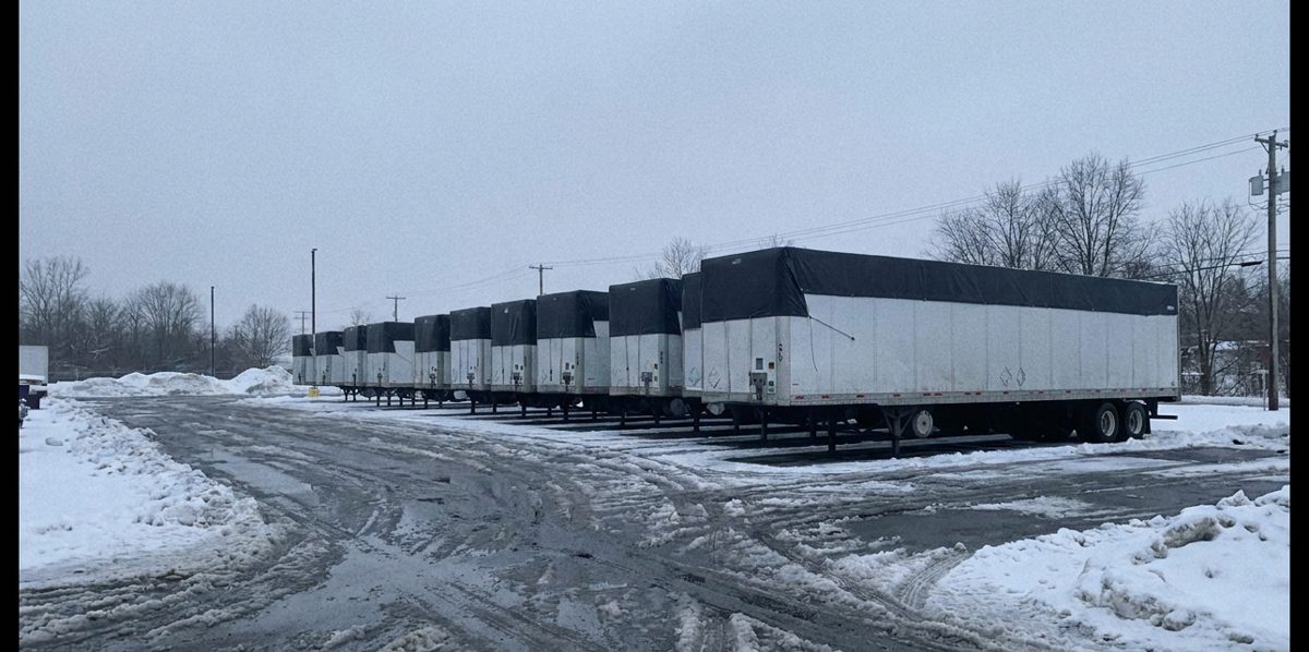 Line of cleared semi-trailers parked in a snowy carrier yard