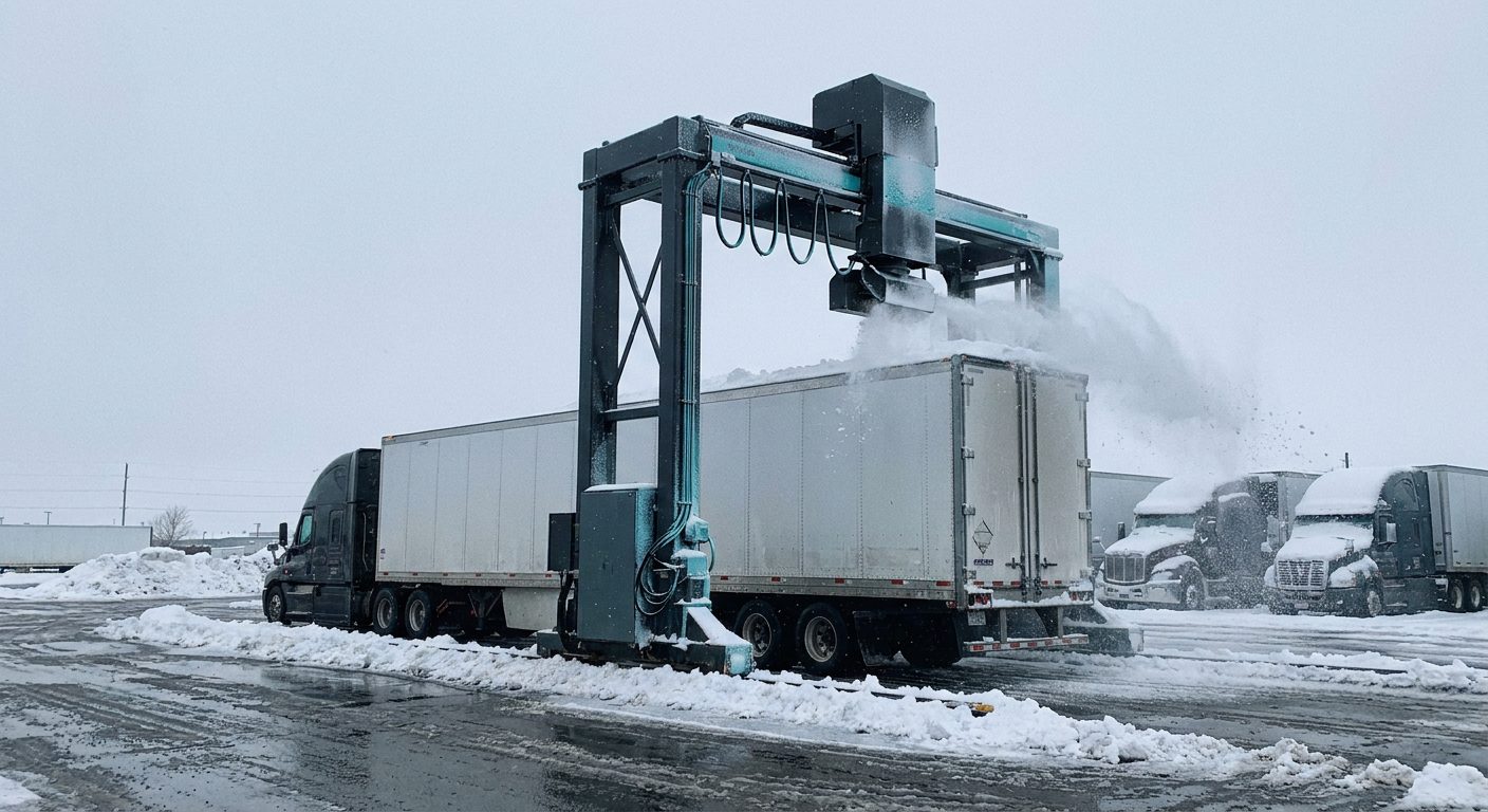 YETI automated snow removal gantry clearing snow off a semi-trailer roof in a winter truck yard
